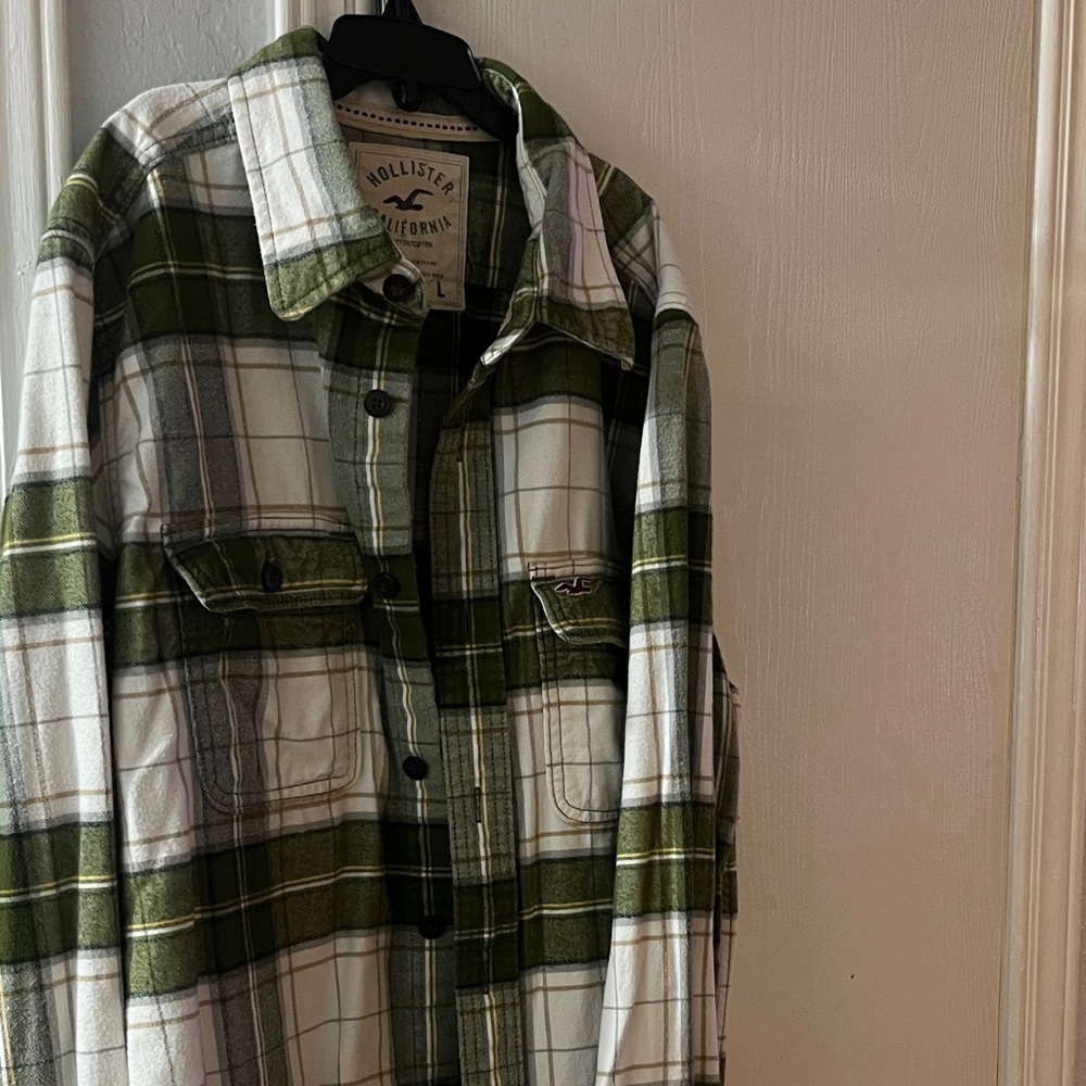 Hollister Olive and White Plaid Shirt